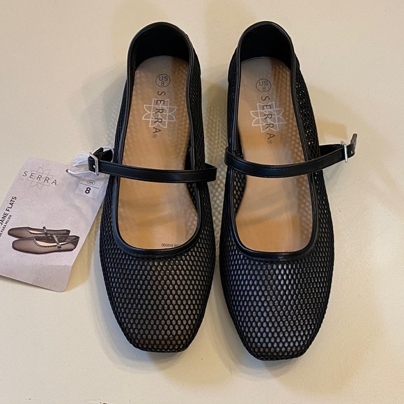 Serra Shoes - SERRA Black Mesh Mary Jane Flats with Buckle Strap